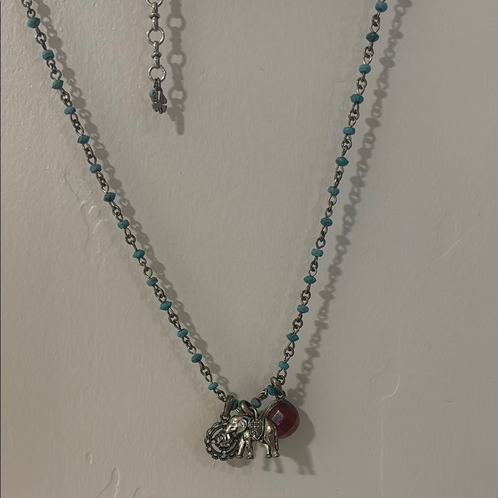 Lucky Brand Silver Necklace with Elephant and Red Charm